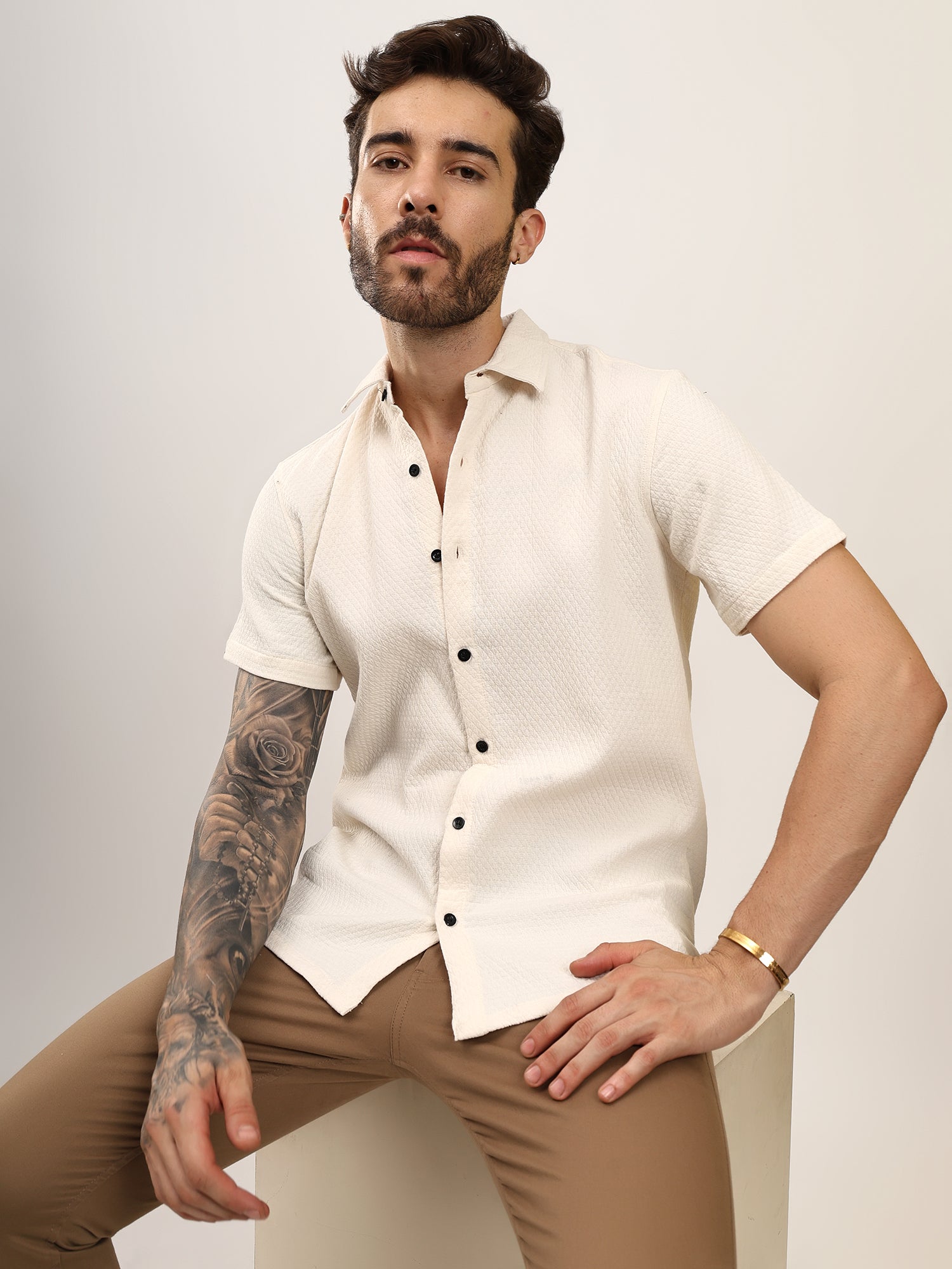 Jacquard Pattern White Half Sleeve Shirt Nine Ninety